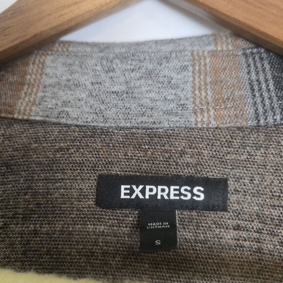 Express Shacket Men Small Shirt Jacket Button Up Plaid Gray Brown Lumberjack - Picture 6 of 9